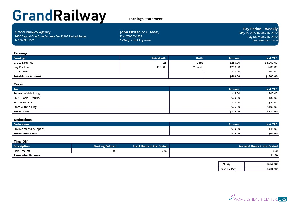 Download Grand Railway company paystub template in Word and PDF formats Photoshop template
